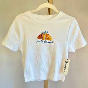 No Boundaries White Le Croissant Graphic Baby Tee Short Sleeve Crop Top Medium